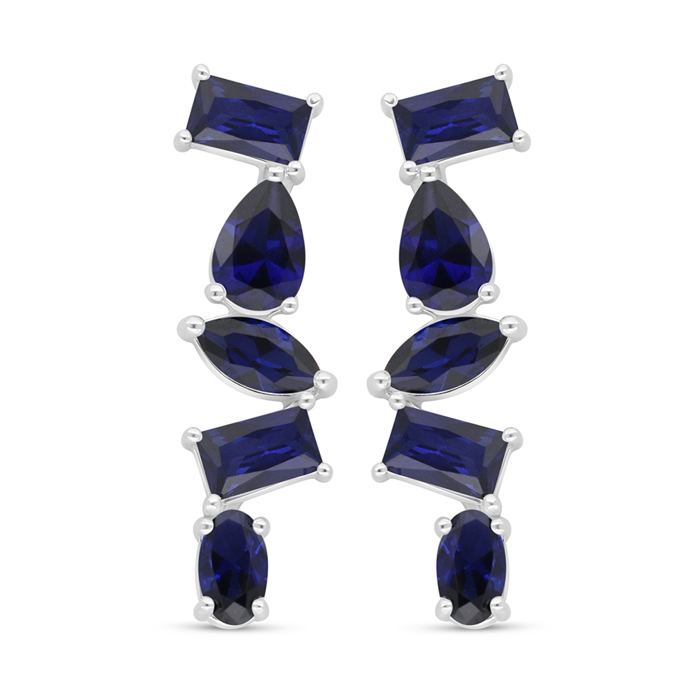 Sterling Silver 925 Earring Rhodium Plated Embedded With Sapphire Corundum