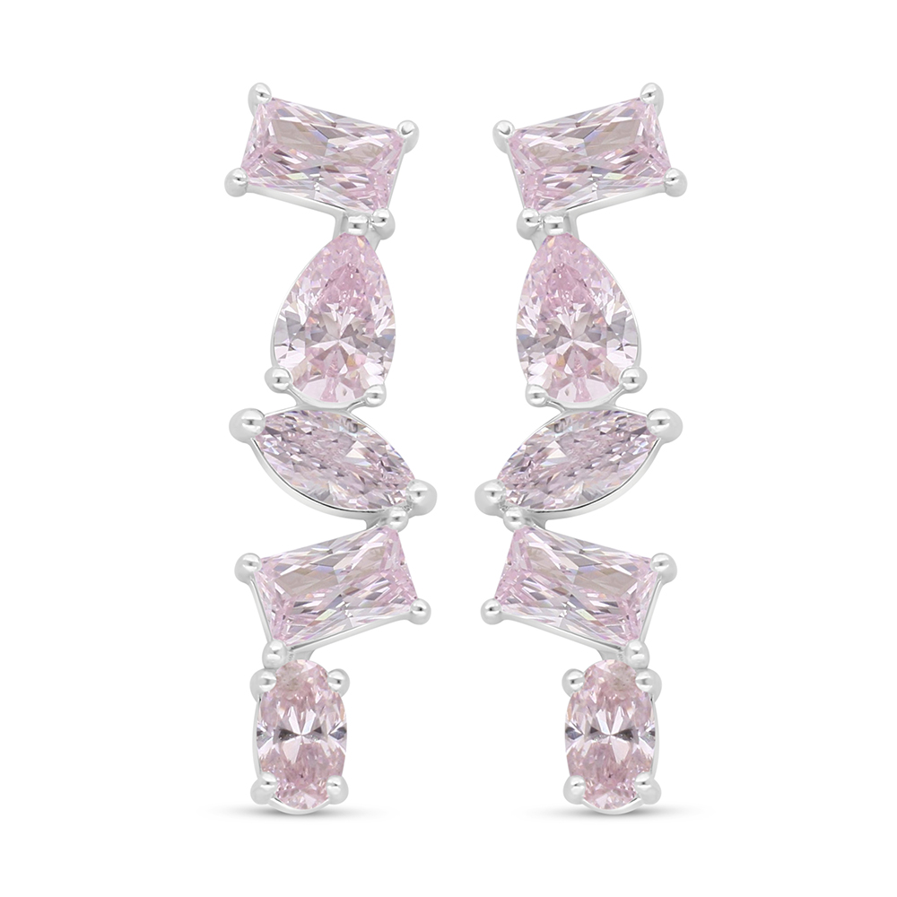 Sterling Silver 925 Earring Rhodium Plated Embedded With Pink Zircon 