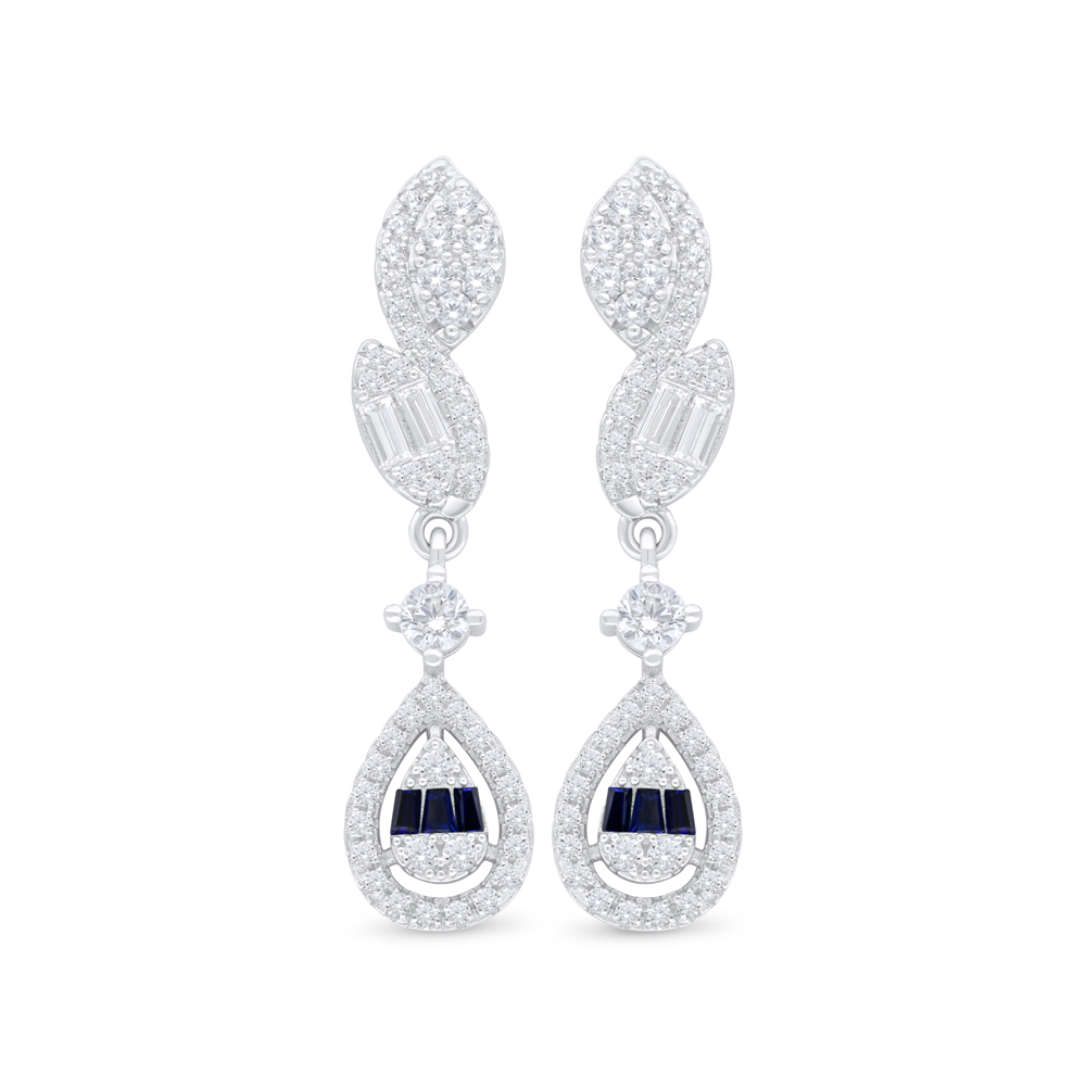 Sterling Silver 925 Earring Rhodium Plated Embedded With Sapphire Corundum And White Zircon