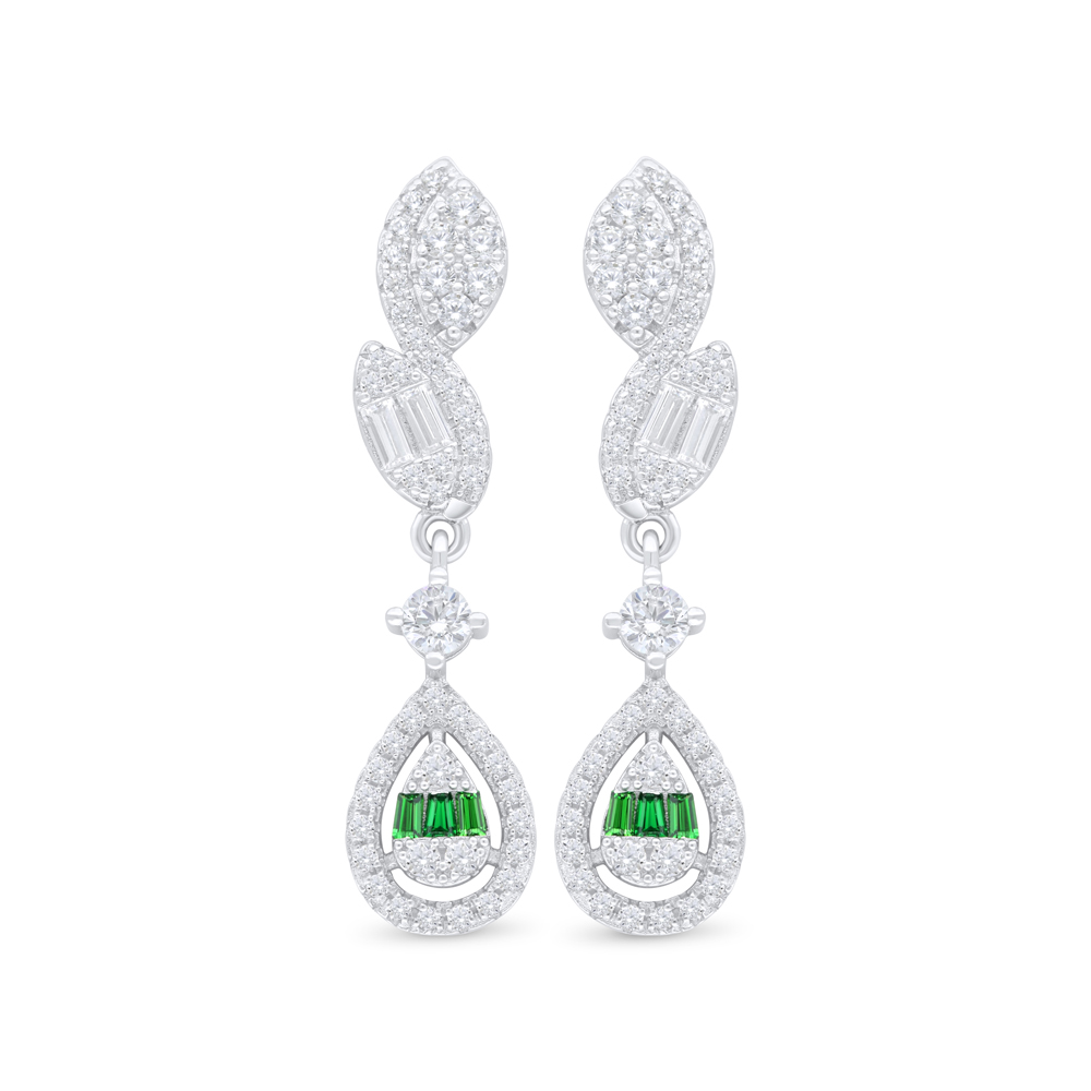 Sterling Silver 925 Earring Rhodium Plated Embedded With Emerald Zircon And White Zircon