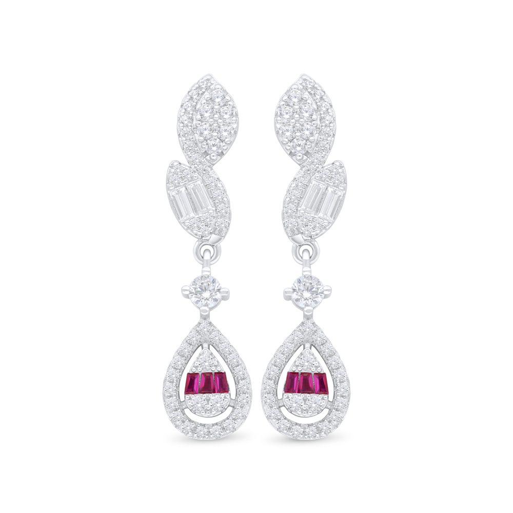 Sterling Silver 925 Earring Rhodium Plated Embedded With Ruby Corundum And White Zircon