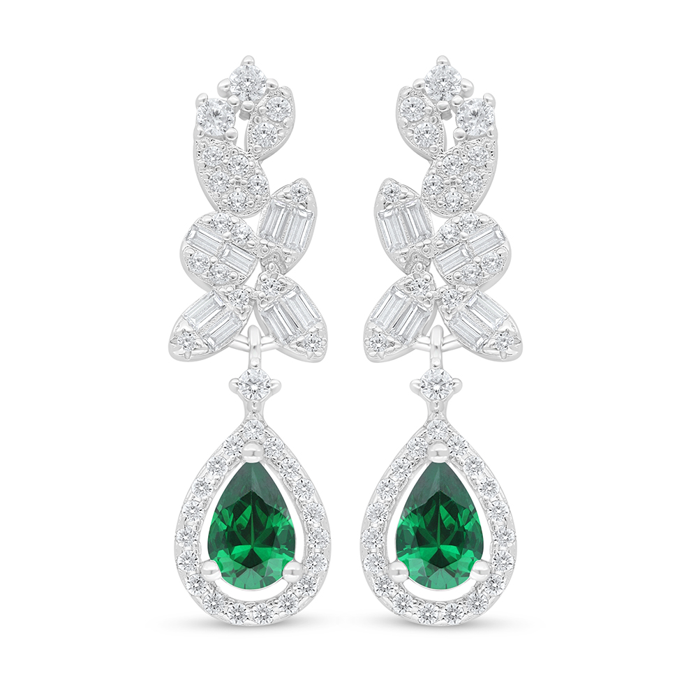 Sterling Silver 925 Earring Rhodium Plated Embedded With Emerald Zircon And White Zircon