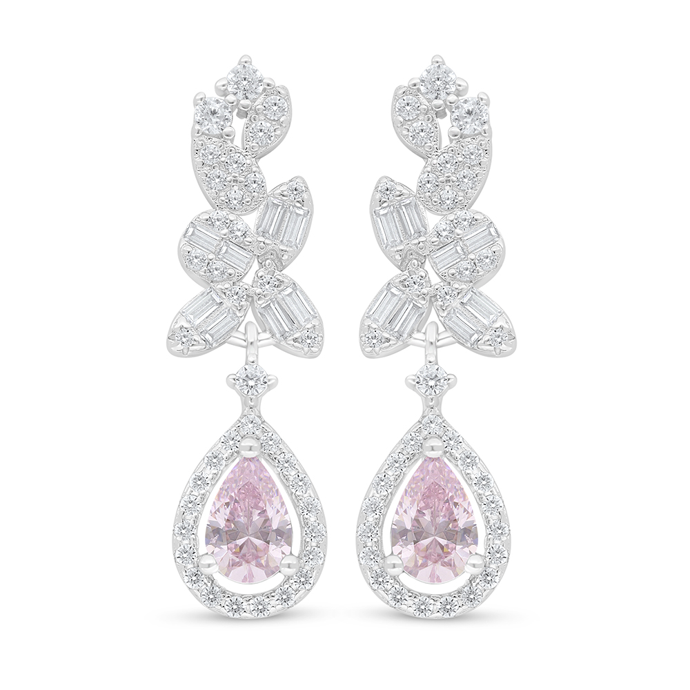 Sterling Silver 925 Earring Rhodium Plated Embedded With Pink Zircon And White Zircon