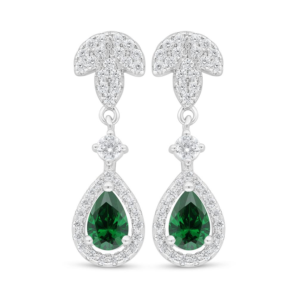 Sterling Silver 925 Earring Rhodium Plated Embedded With Emerald Zircon And White Zircon