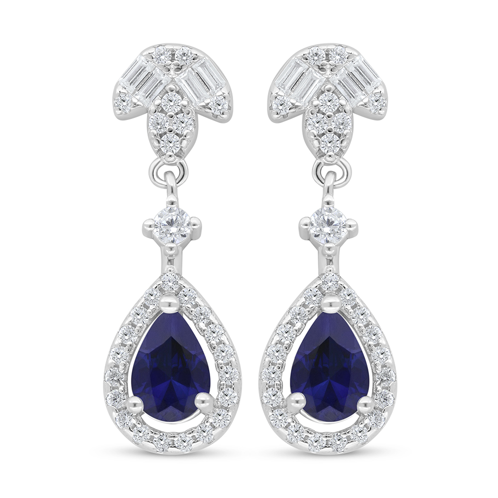 Sterling Silver 925 Earring Rhodium Plated Embedded With Sapphire Corundum And White Zircon