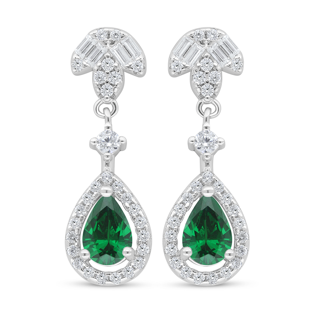 Sterling Silver 925 Earring Rhodium Plated Embedded With Emerald Zircon And White Zircon