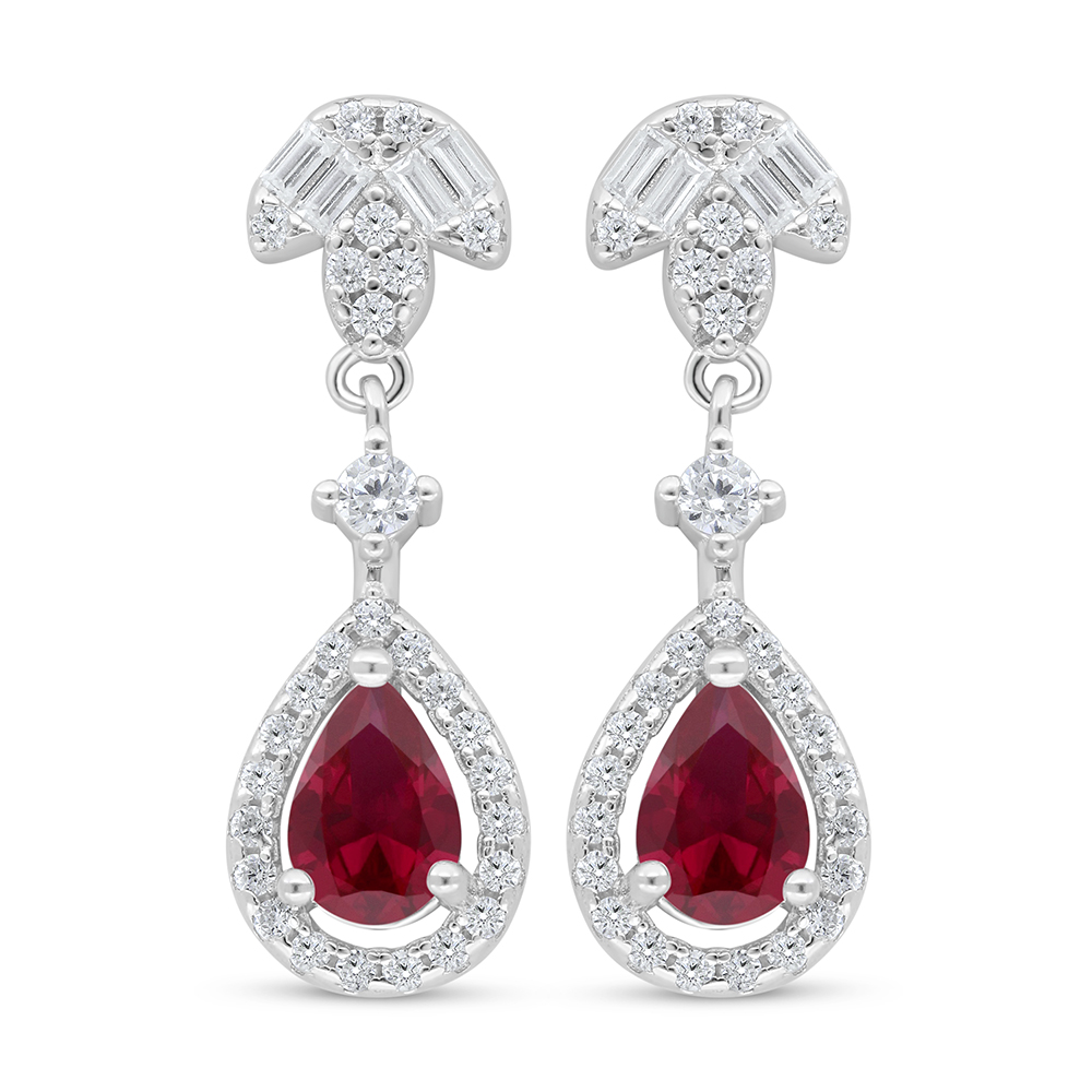 Sterling Silver 925 Earring Rhodium Plated Embedded With Ruby Corundum And White Zircon