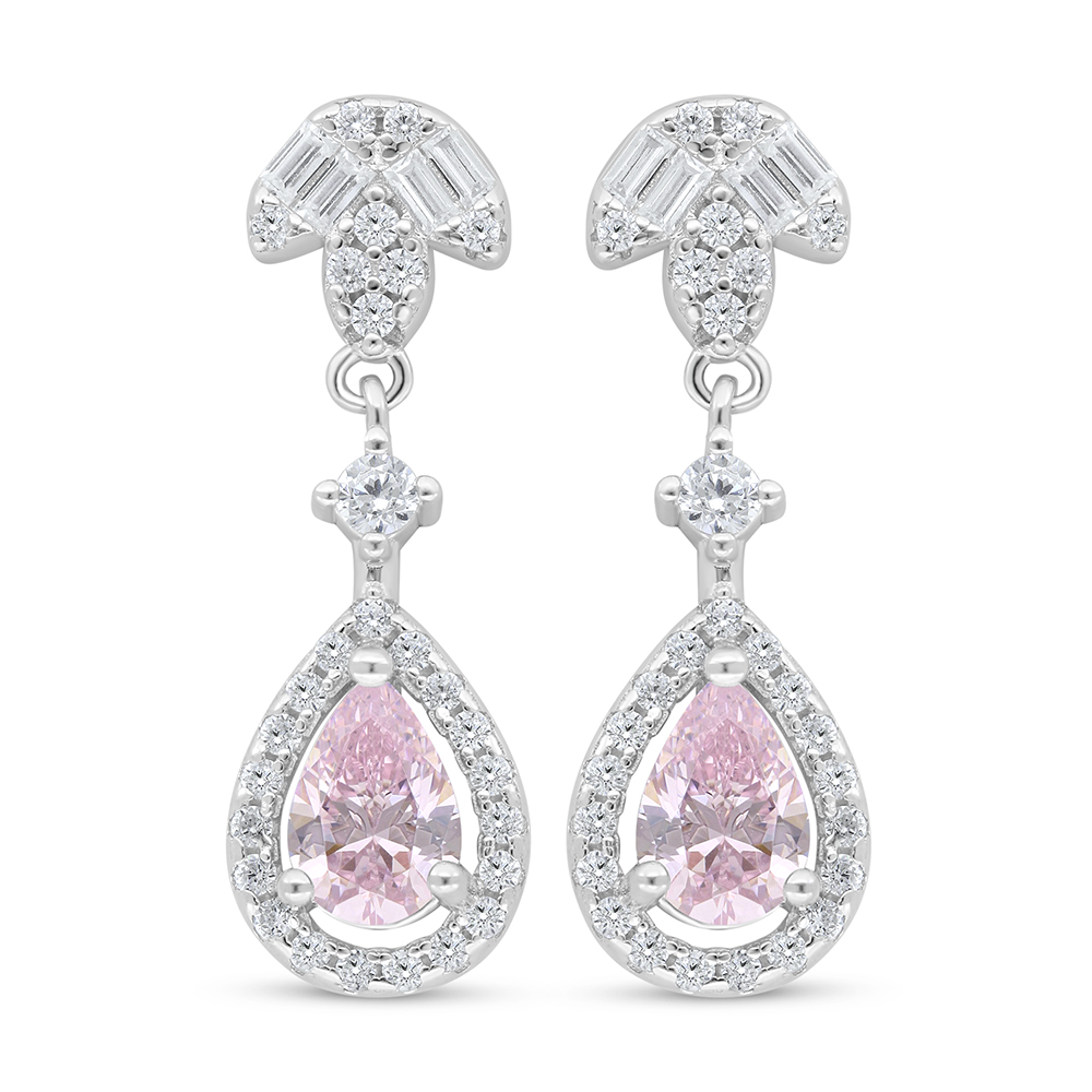 Sterling Silver 925 Earring Rhodium Plated Embedded With Pink Zircon And White Zircon