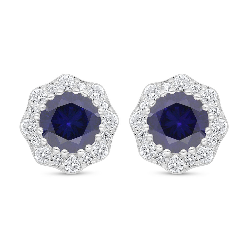 Sterling Silver 925 Earring Rhodium Plated Embedded With Sapphire Corundum And White Zircon