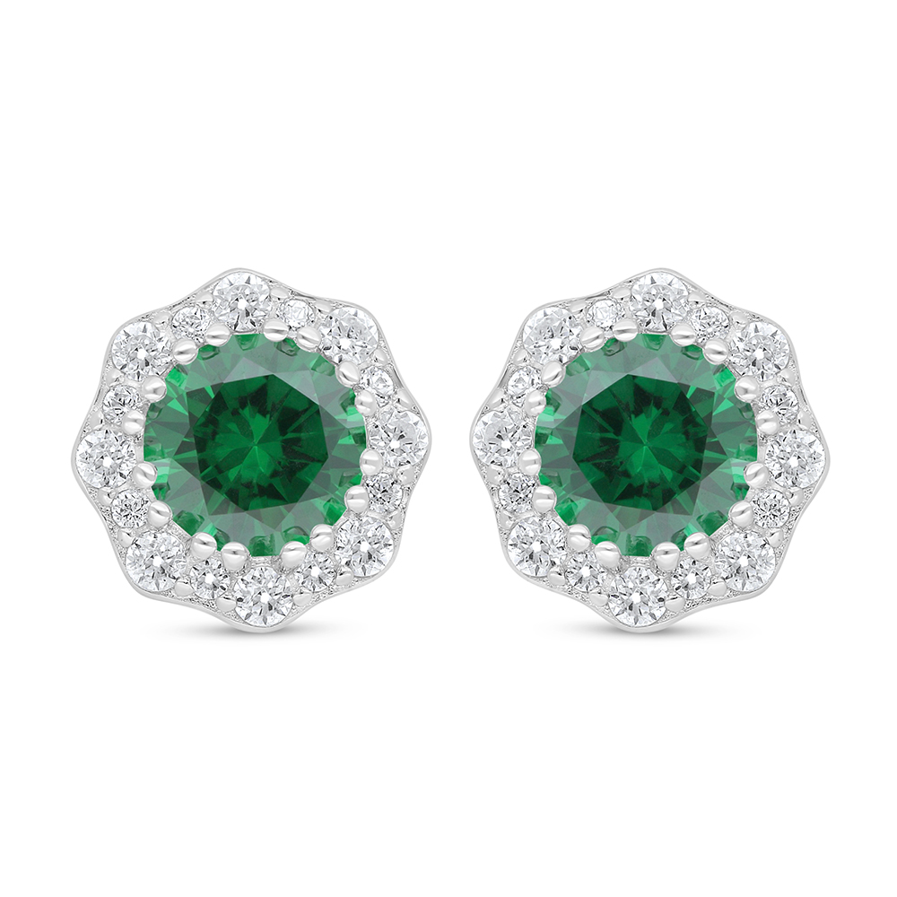 Sterling Silver 925 Earring Rhodium Plated Embedded With Emerald Zircon And White Zircon