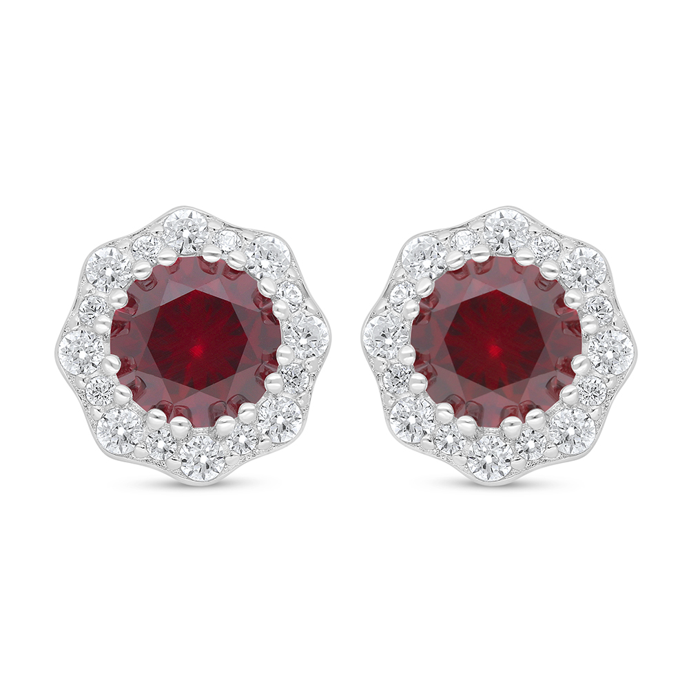 Sterling Silver 925 Earring Rhodium Plated Embedded With Ruby Corundum And White Zircon