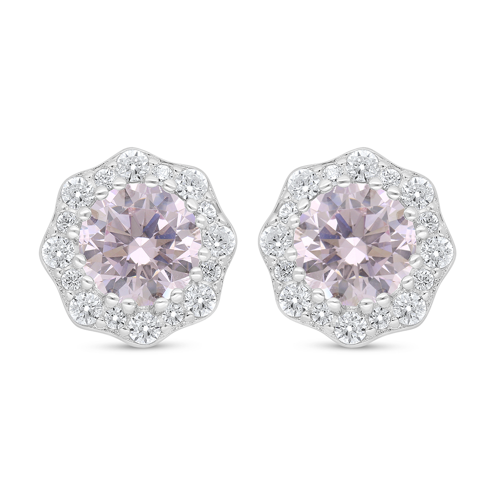 Sterling Silver 925 Earring Rhodium Plated Embedded With Pink Zircon And White Zircon