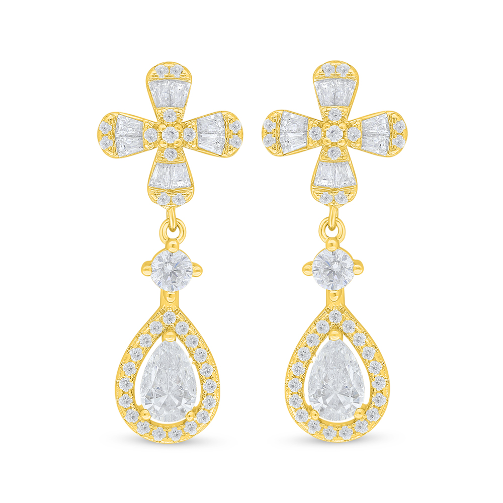 Sterling Silver 925 Earring Golden Plated Embedded With White Zircon