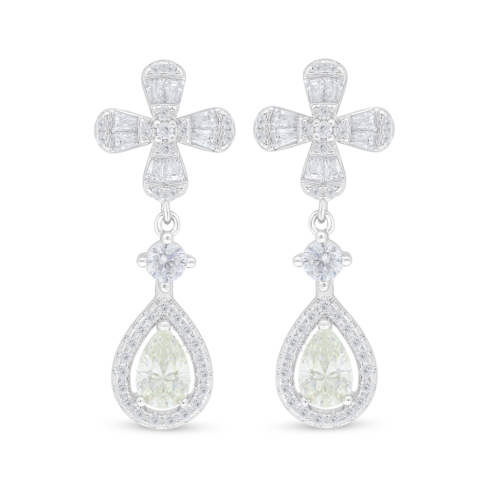 Sterling Silver 925 Earring Rhodium Plated Embedded With Yellow Diamond And White Zircon