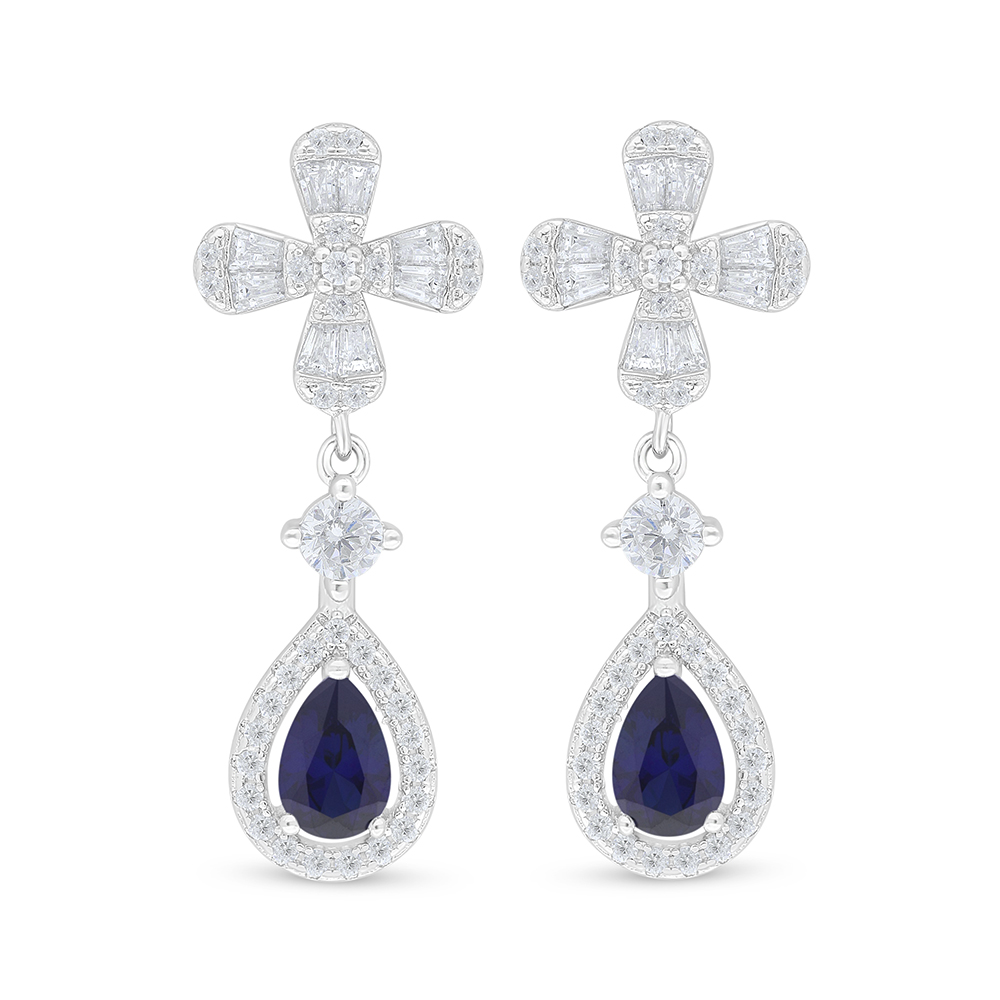 Sterling Silver 925 Earring Rhodium Plated Embedded With Sapphire Corundum And White Zircon