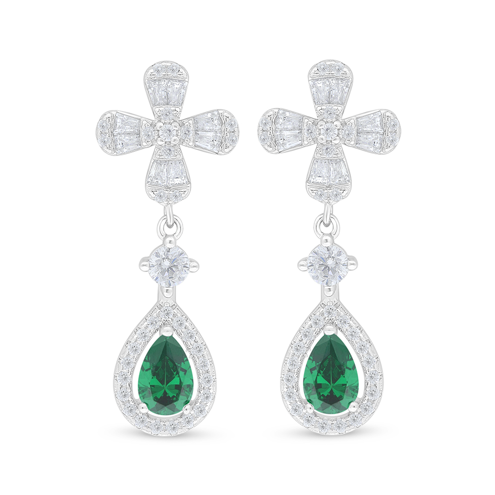 Sterling Silver 925 Earring Rhodium Plated Embedded With Emerald Zircon And White Zircon