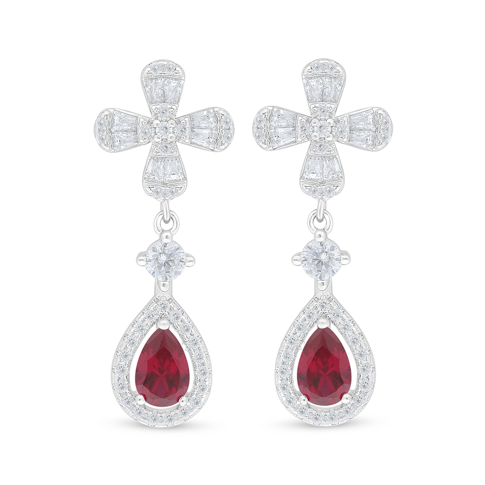 Sterling Silver 925 Earring Rhodium Plated Embedded With Ruby Corundum And White Zircon