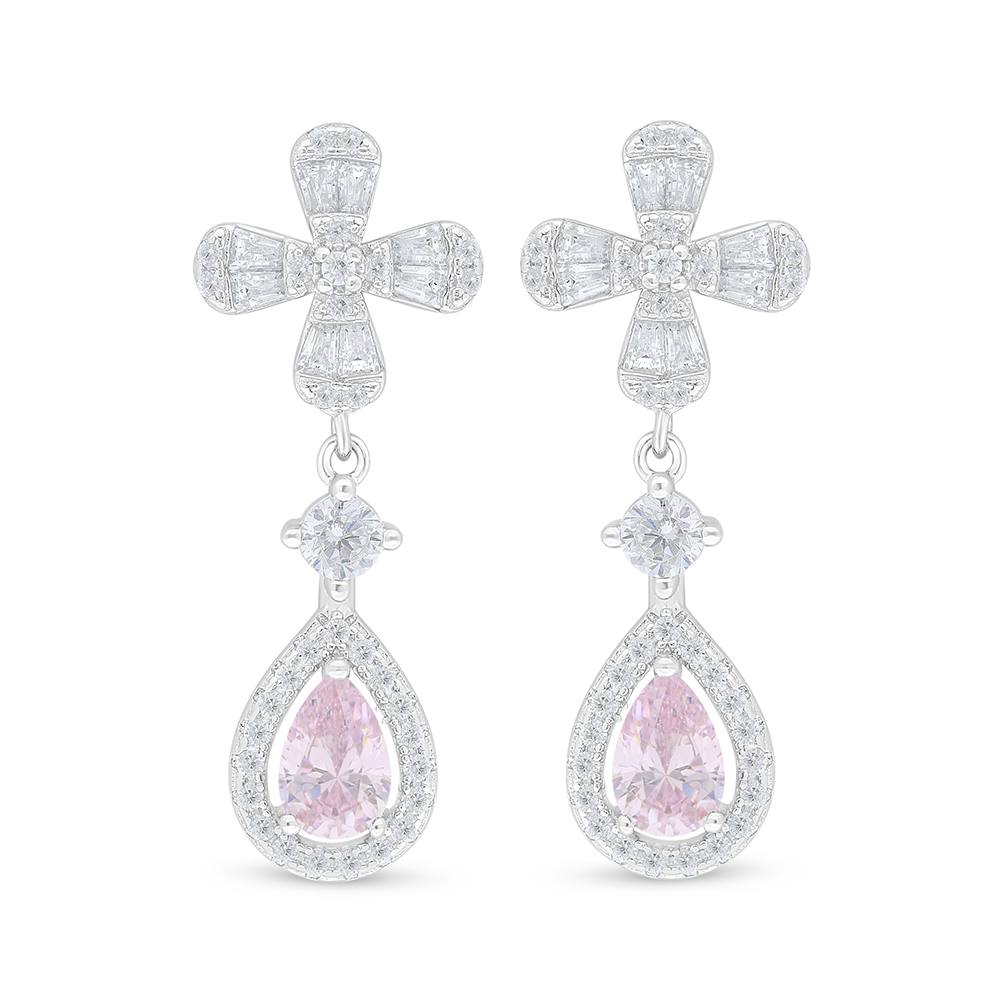 Sterling Silver 925 Earring Rhodium Plated Embedded With Pink Zircon And White Zircon