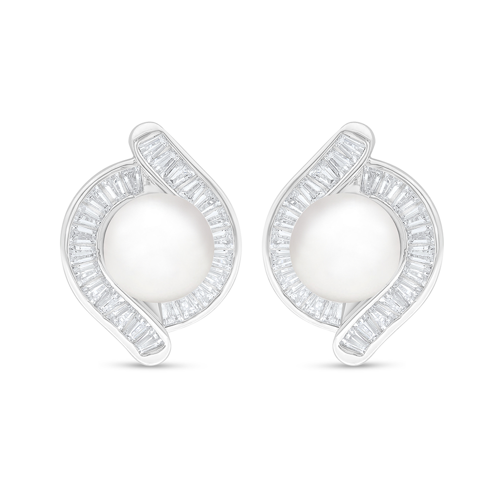 Sterling Silver 925 Earring Rhodium Plated Embedded With Natural White Pearl And White Zircon 