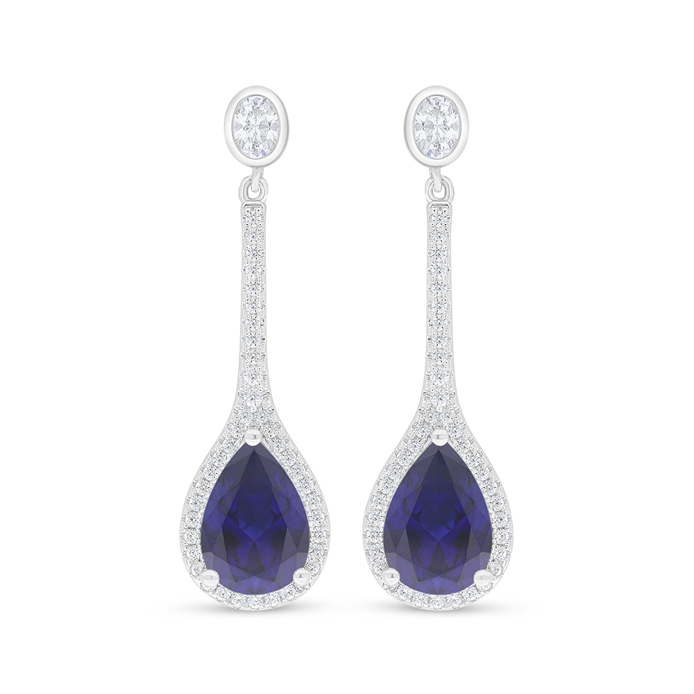 Sterling Silver 925 Earring Rhodium Plated Embedded With Sapphire Corundum And White Zircon