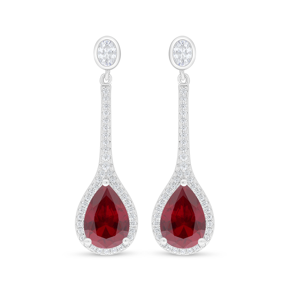 Sterling Silver 925 Earring Rhodium Plated Embedded With Ruby Corundum And White Zircon