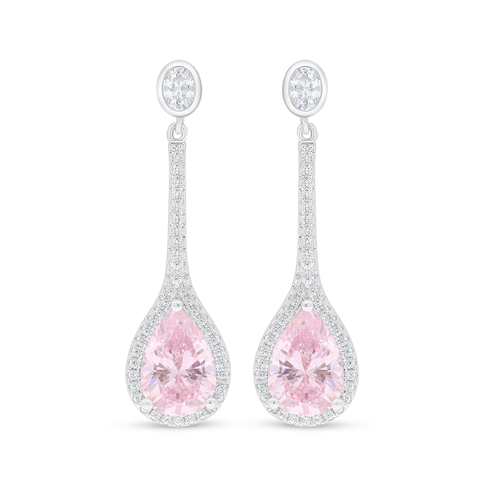 Sterling Silver 925 Earring Rhodium Plated Embedded With Pink Zircon And White Zircon