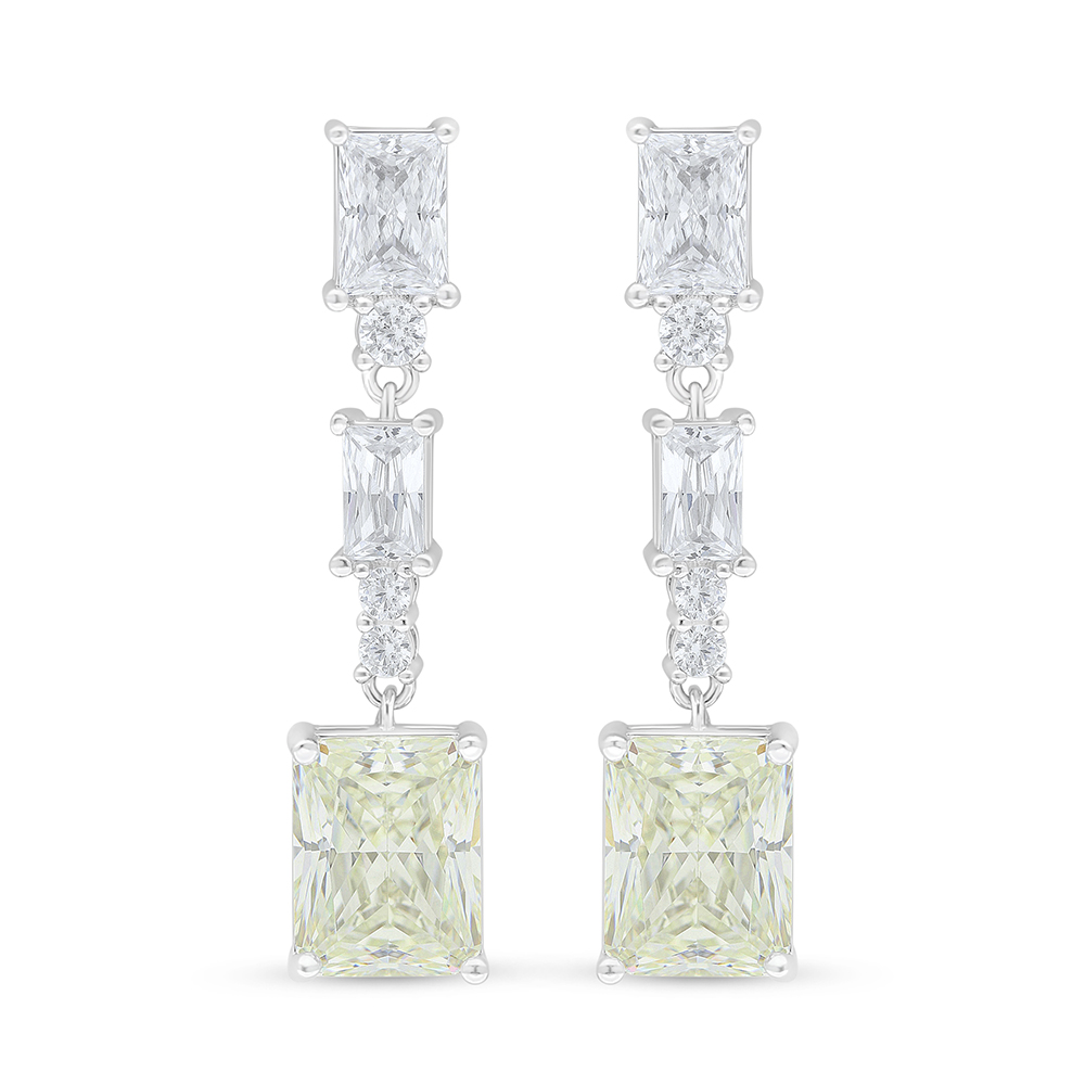 Sterling Silver 925 Earring Rhodium Plated Embedded With Yellow Diamond And White Zircon