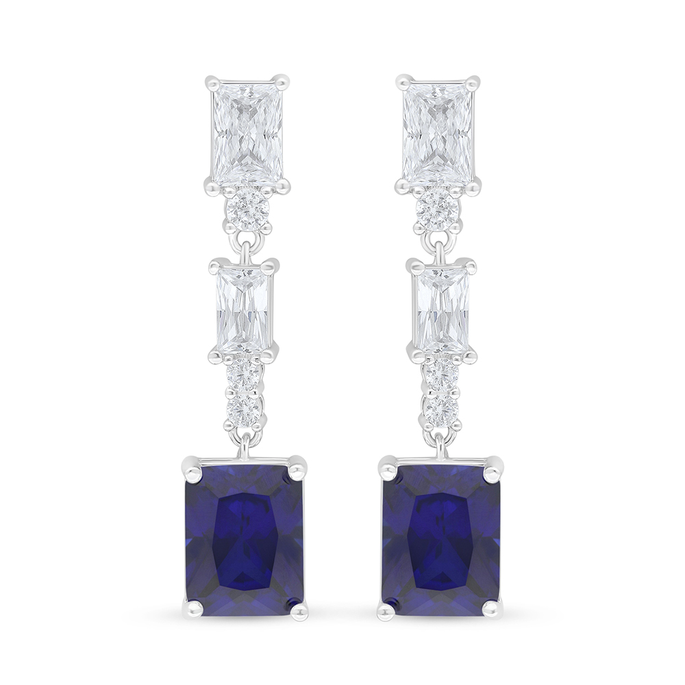 Sterling Silver 925 Earring Rhodium Plated Embedded With Sapphire Corundum And White Zircon