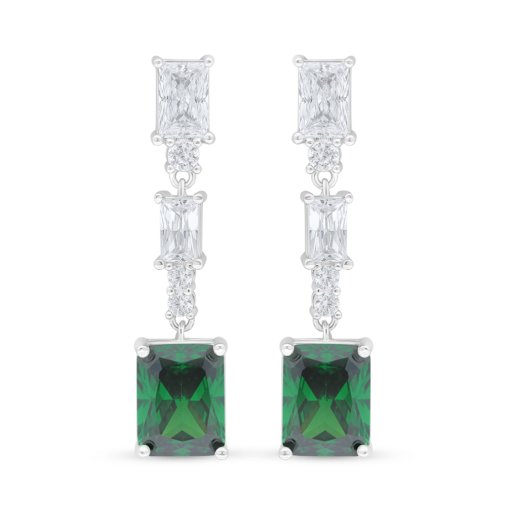 Sterling Silver 925 Earring Rhodium Plated Embedded With Emerald Zircon And White Zircon