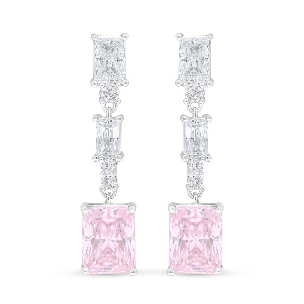 Sterling Silver 925 Earring Rhodium Plated Embedded With Pink Zircon And White Zircon