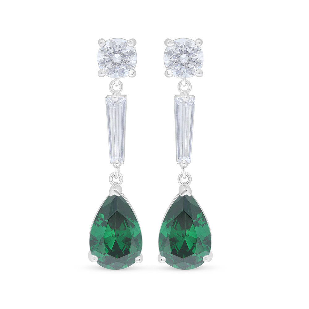 Sterling Silver 925 Earring Rhodium Plated Embedded With Emerald Zircon And White Zircon