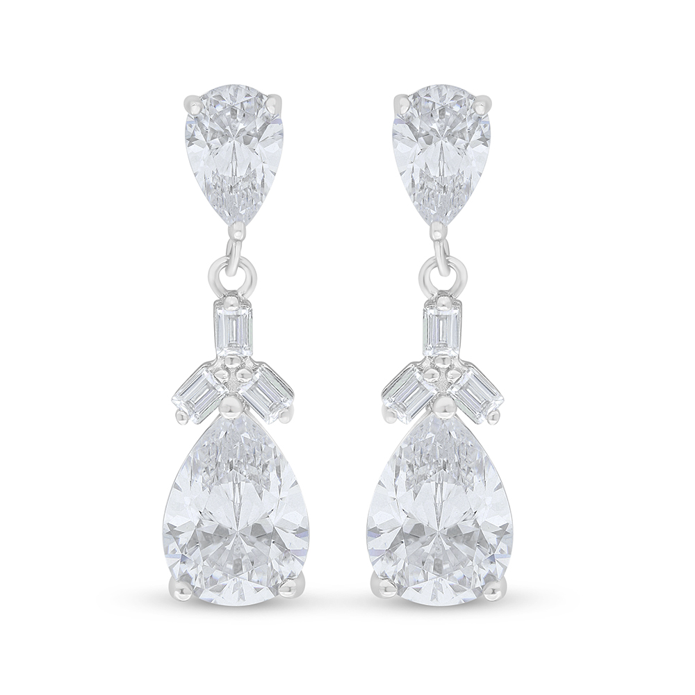 Sterling Silver 925 Earring Rhodium Plated Embedded With White Zircon