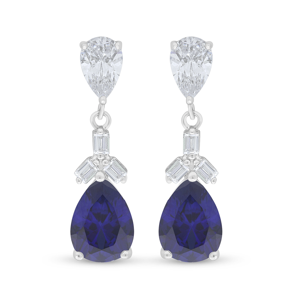 Sterling Silver 925 Earring Rhodium Plated Embedded With Sapphire Corundum And White Zircon