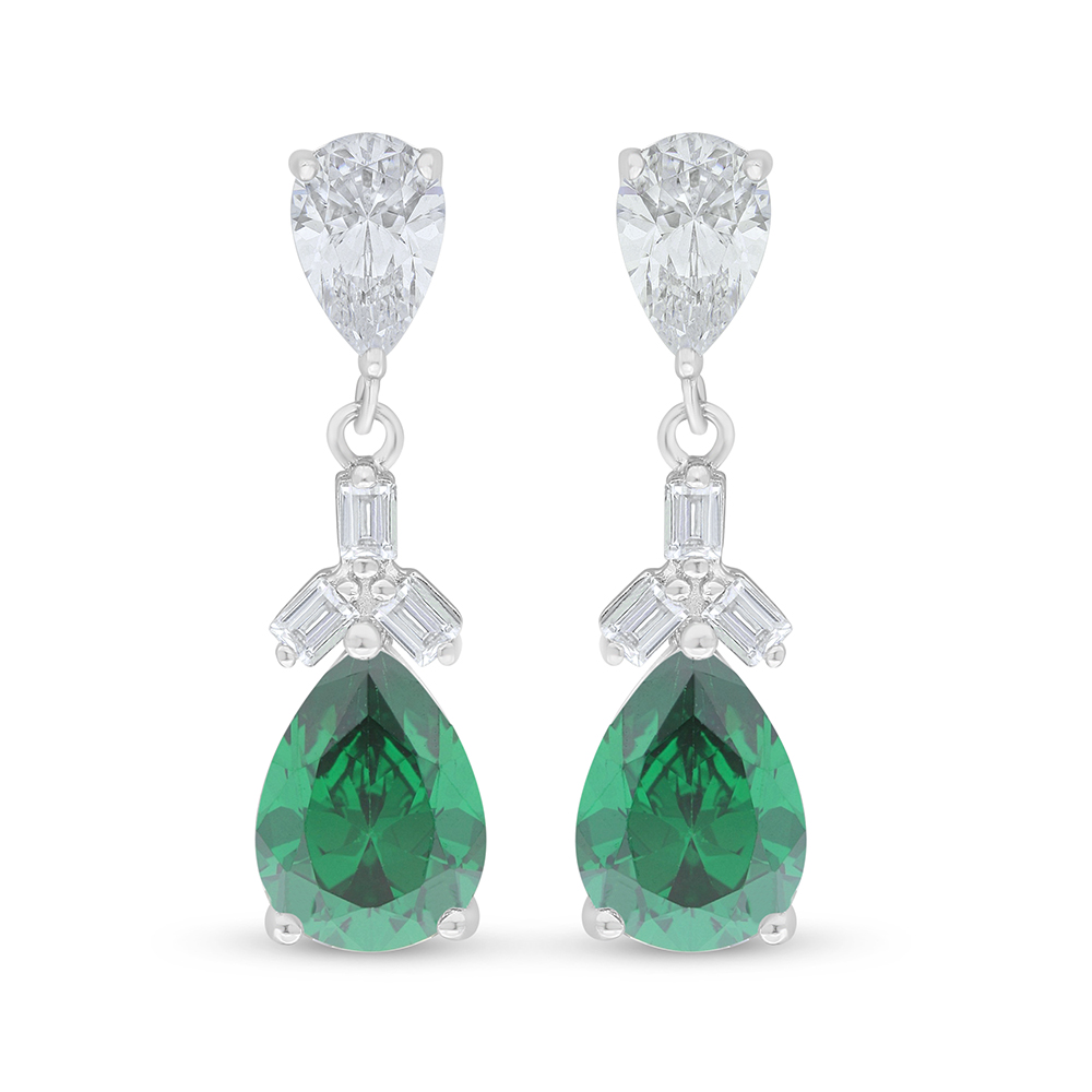 Sterling Silver 925 Earring Rhodium Plated Embedded With Emerald Zircon And White Zircon