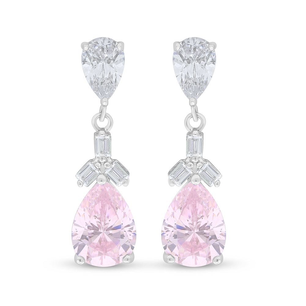 Sterling Silver 925 Earring Rhodium Plated Embedded With Pink Zircon And White Zircon