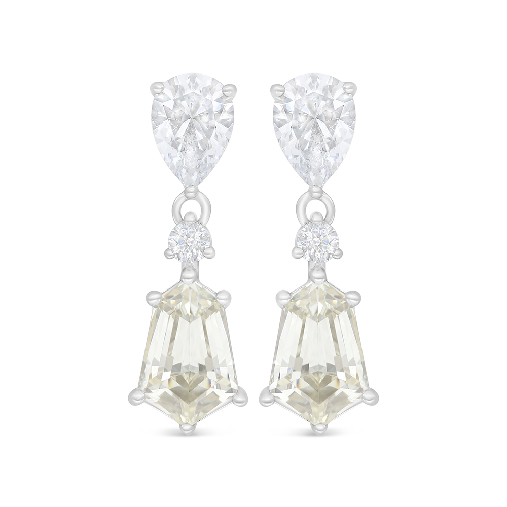 Sterling Silver 925 Earring Rhodium Plated Embedded With Yellow Diamond And White Zircon