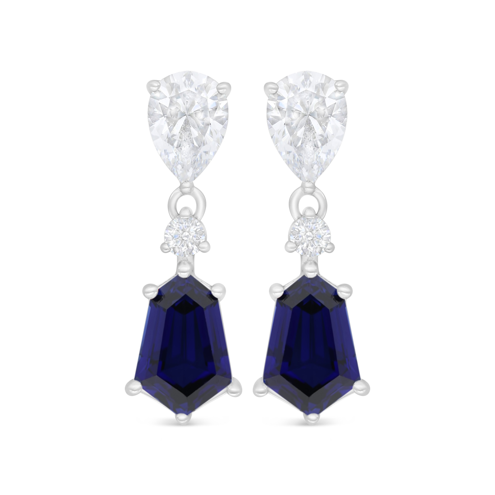 Sterling Silver 925 Earring Rhodium Plated Embedded With Sapphire Corundum And White Zircon