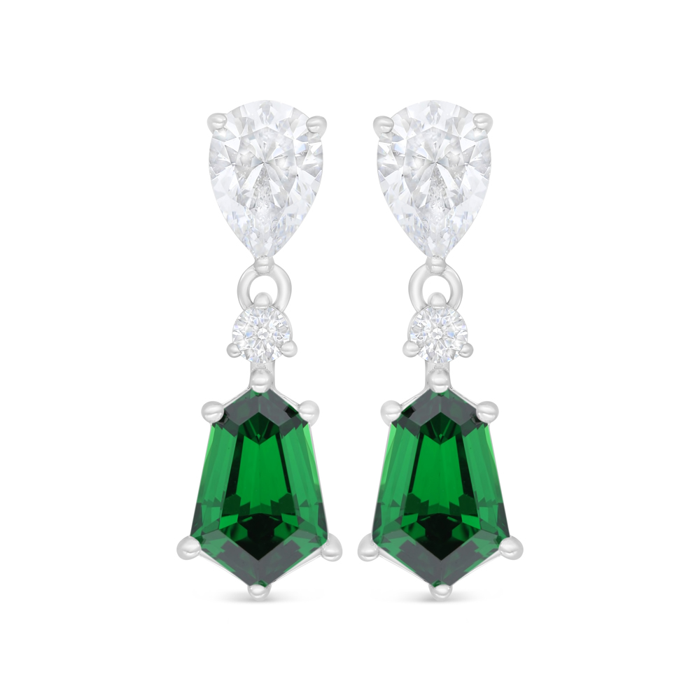 Sterling Silver 925 Earring Rhodium Plated Embedded With Emerald Zircon And White Zircon