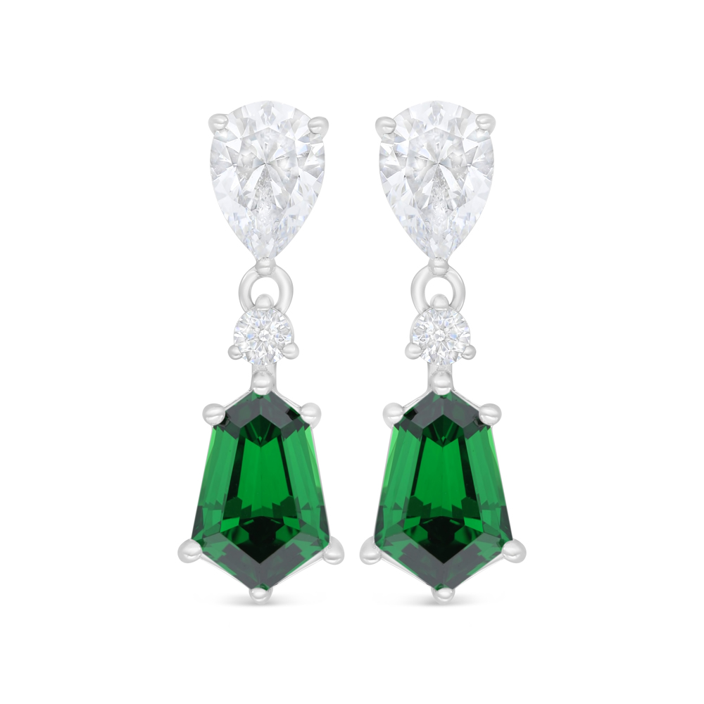 Sterling Silver 925 Earring Rhodium Plated Embedded With Emerald Zircon And White Zircon