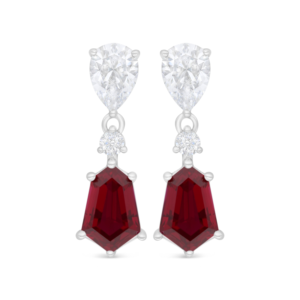 Sterling Silver 925 Earring Rhodium Plated Embedded With Ruby Corundum And White Zircon