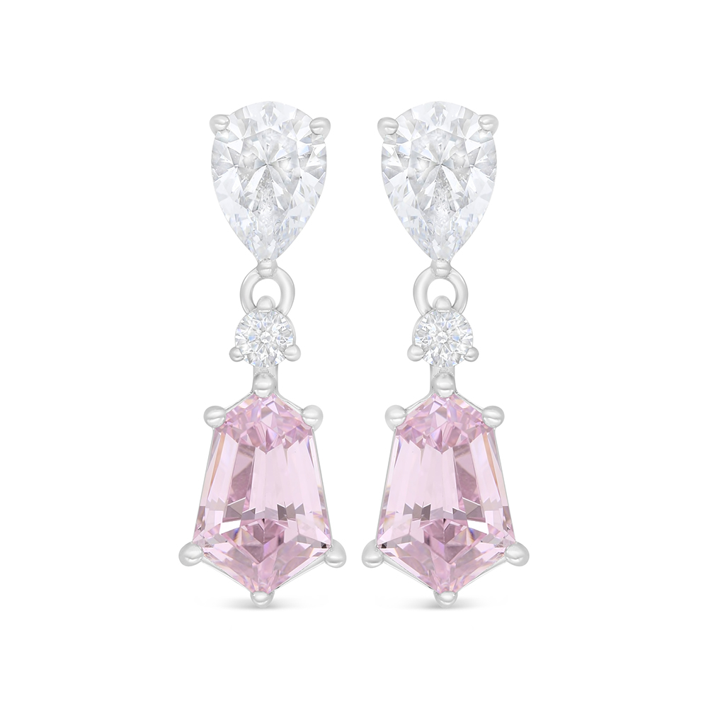 Sterling Silver 925 Earring Rhodium Plated Embedded With Pink Zircon And White Zircon