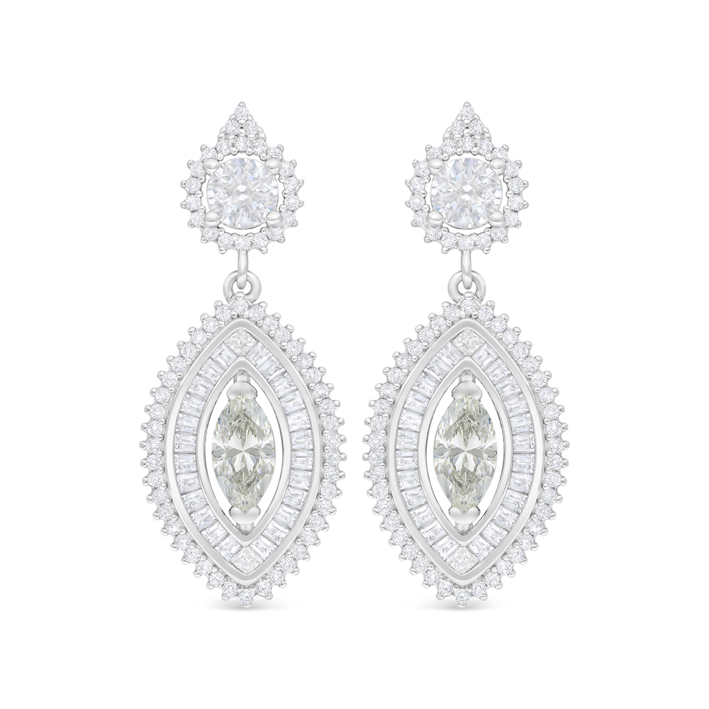 Sterling Silver 925 Earring Rhodium Plated Embedded With Yellow Diamond And White Zircon
