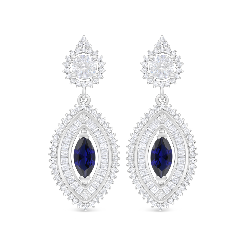 Sterling Silver 925 Earring Rhodium Plated Embedded With Sapphire Corundum And White Zircon