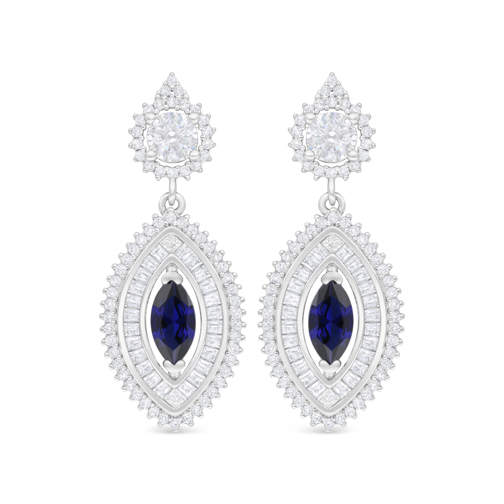 Sterling Silver 925 Earring Rhodium Plated Embedded With Sapphire Corundum And White Zircon