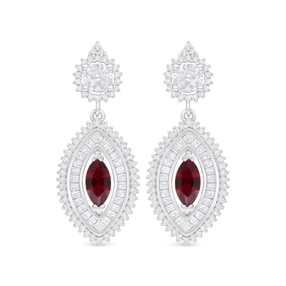 Sterling Silver 925 Earring Rhodium Plated Embedded With Ruby Corundum And White Zircon