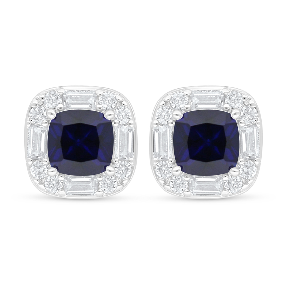 Sterling Silver 925 Earring Rhodium Plated Embedded With Sapphire Corundum And White Zircon