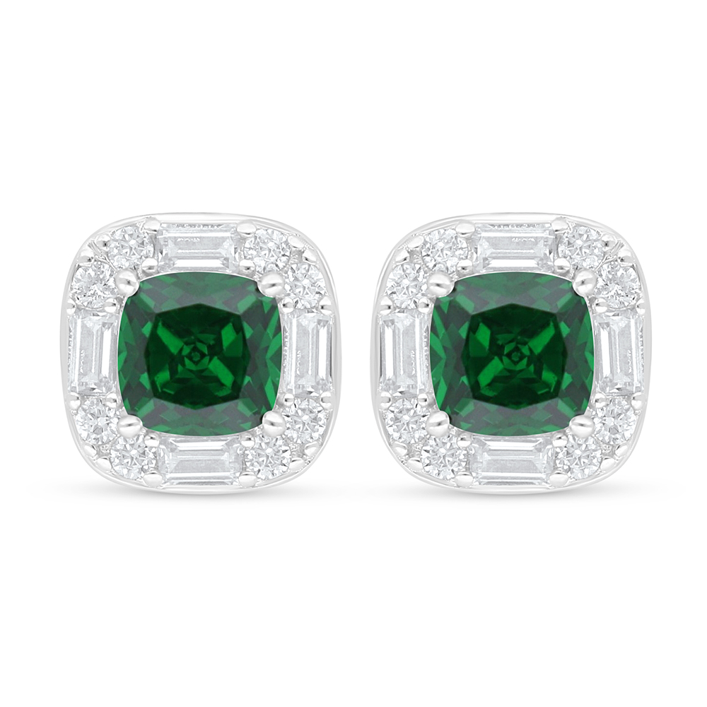 Sterling Silver 925 Earring Rhodium Plated Embedded With Emerald Zircon And White Zircon