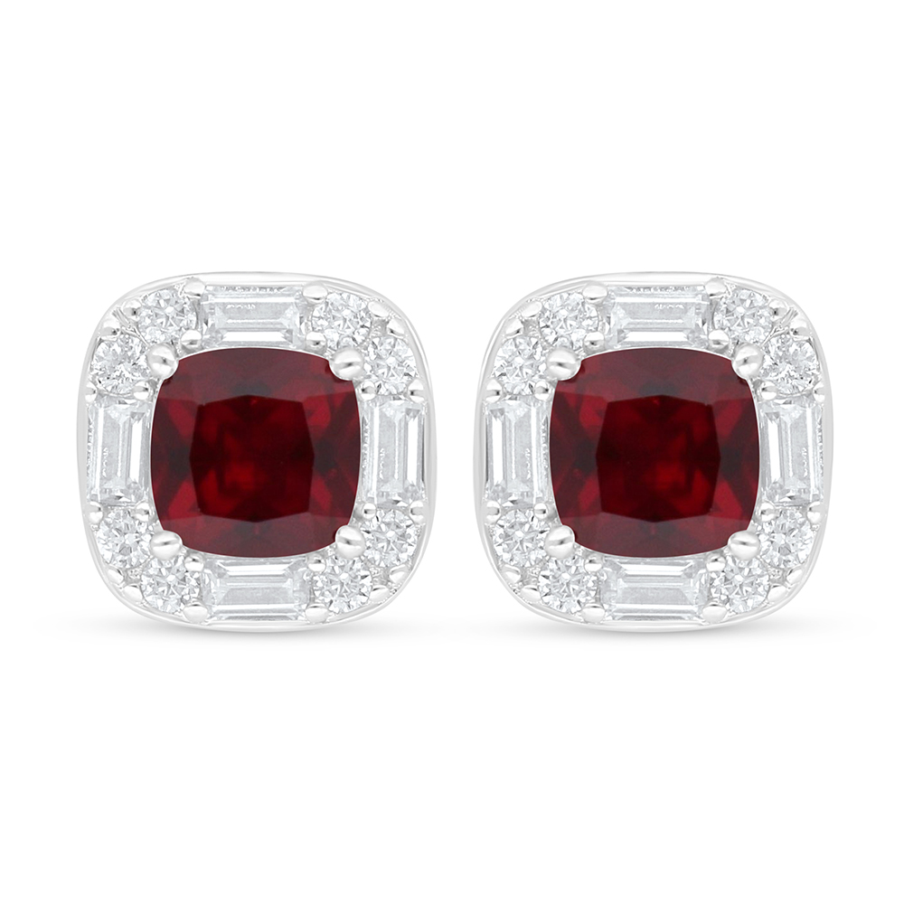 Sterling Silver 925 Earring Rhodium Plated Embedded With Ruby Corundum And White Zircon