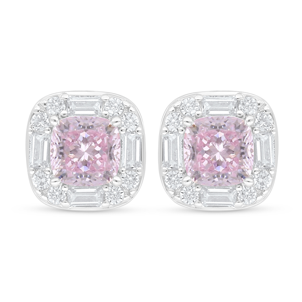 Sterling Silver 925 Earring Rhodium Plated Embedded With Pink Zircon And White Zircon