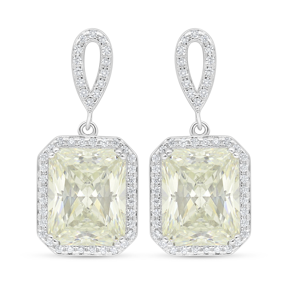 Sterling Silver 925 Earring Rhodium Plated Embedded With Yellow Diamond And White Zircon